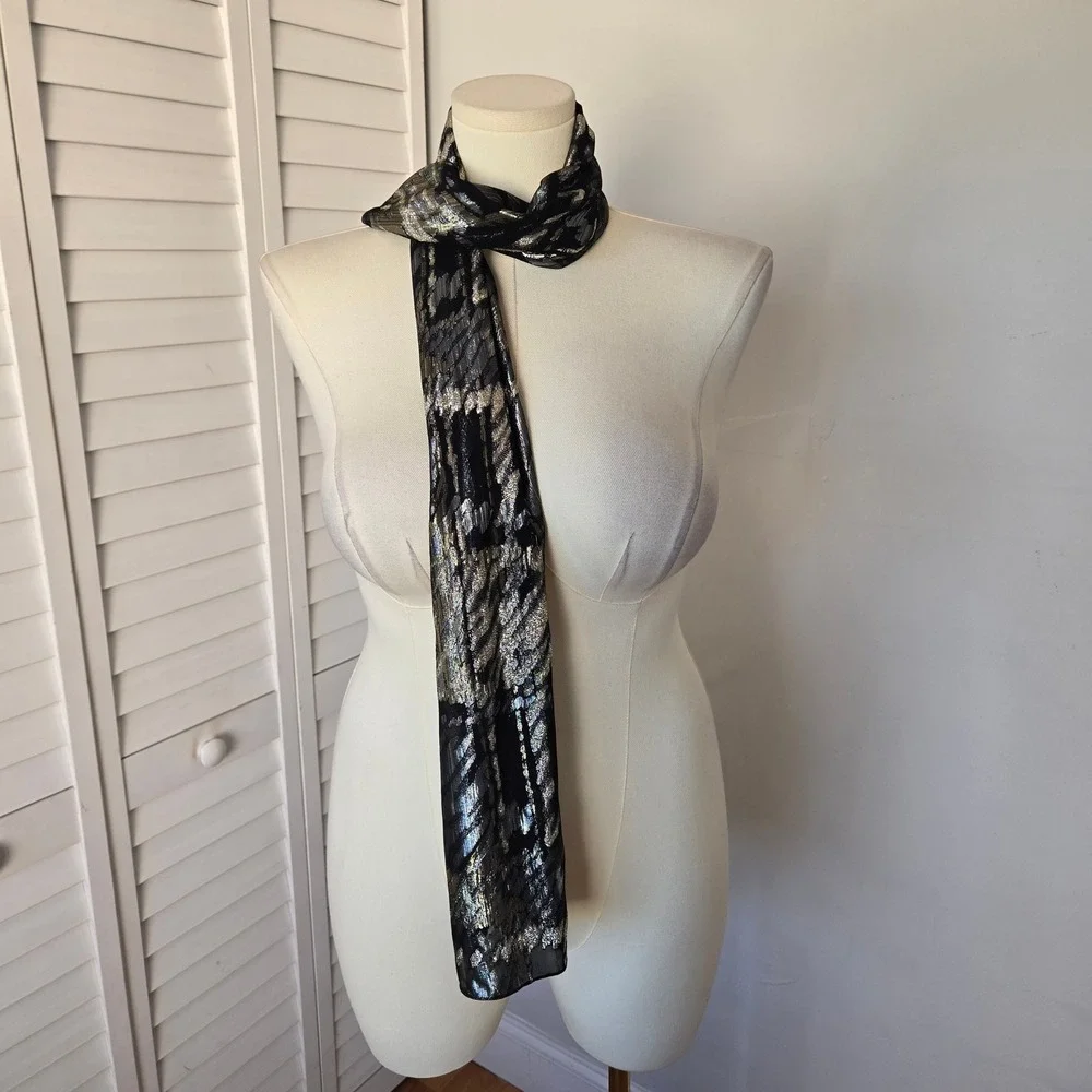 Black Metallic‎ Sheer Scarf Wrap Abstract Shimmer Evening Y2K Glam